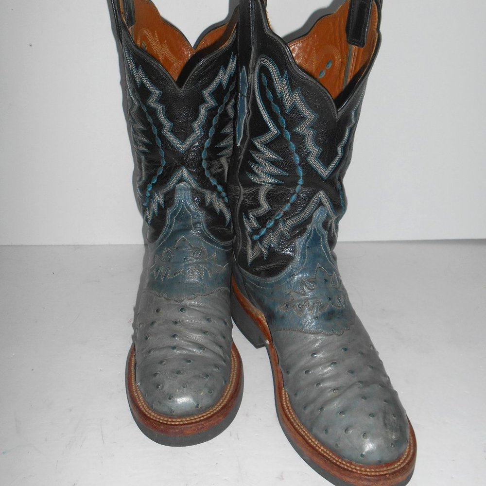 Lucchese 2000 Blue/Gray & Black Full Quill Ostrich Crepe Sole Boots Size 7.5 B